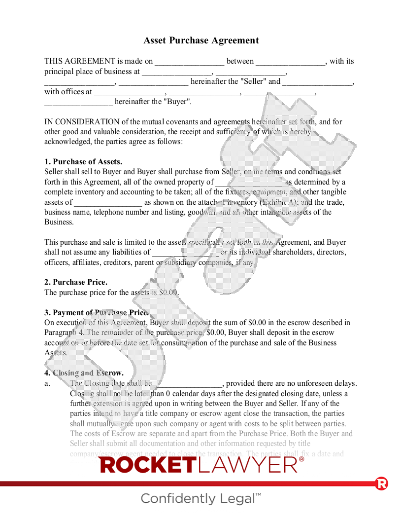 Free Asset Purchase Agreement Template - Rocket Lawyer