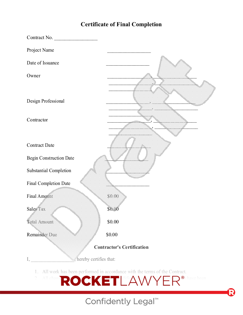 Free Certificate of Final Completion - Rocket Lawyer