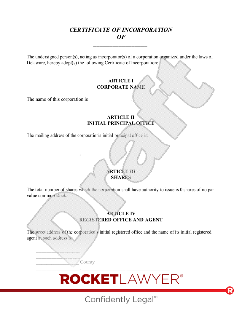 Certificate of Incorporation for Delaware document preview