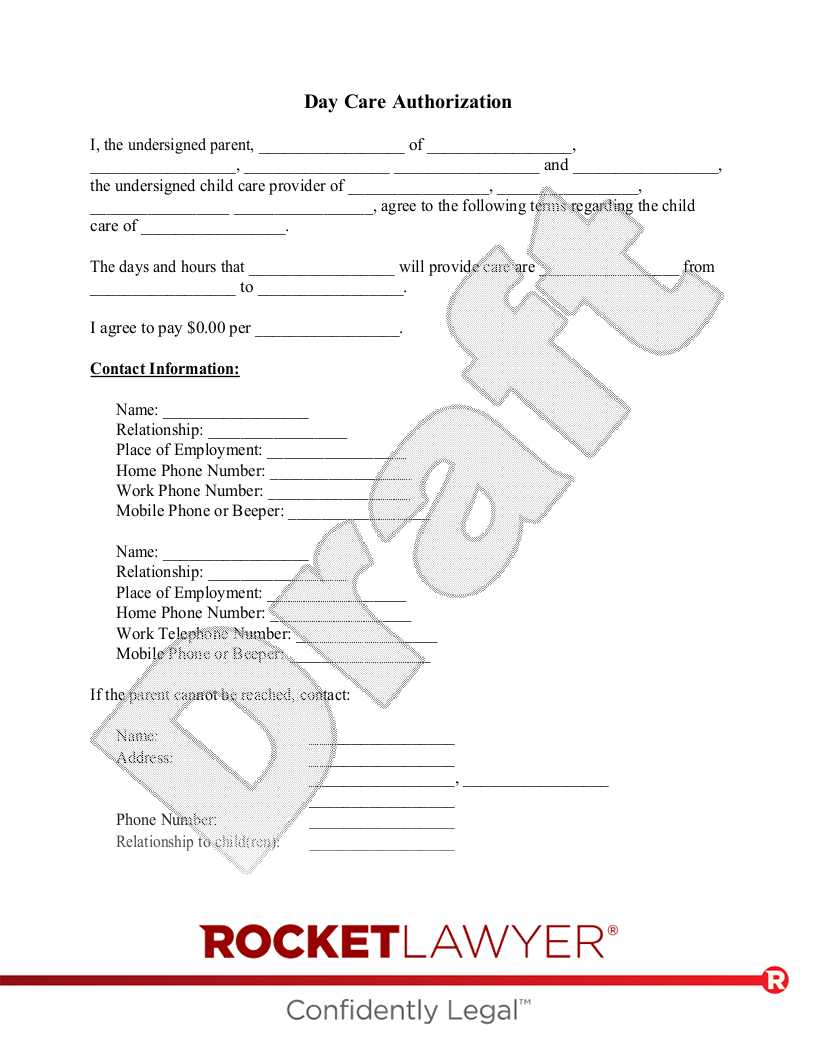 Day Care Authorization Form document preview