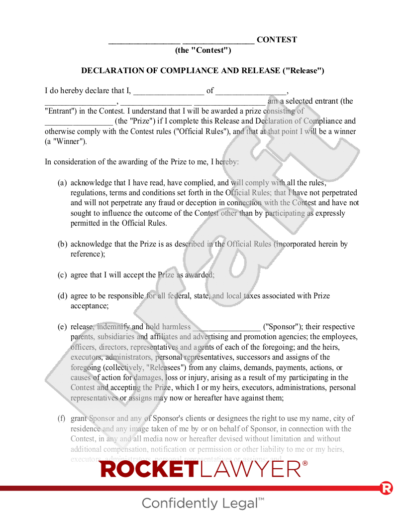 Declaration of Compliance and Release for Contest Rules document preview