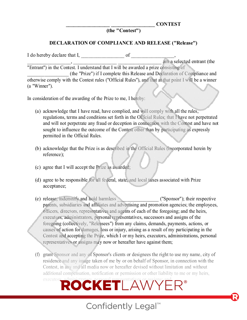 Declaration of Compliance and Release for Sweepstakes Rules document preview
