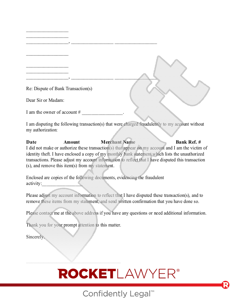 Letter to Dispute a Fraudulent Bank Transaction document preview