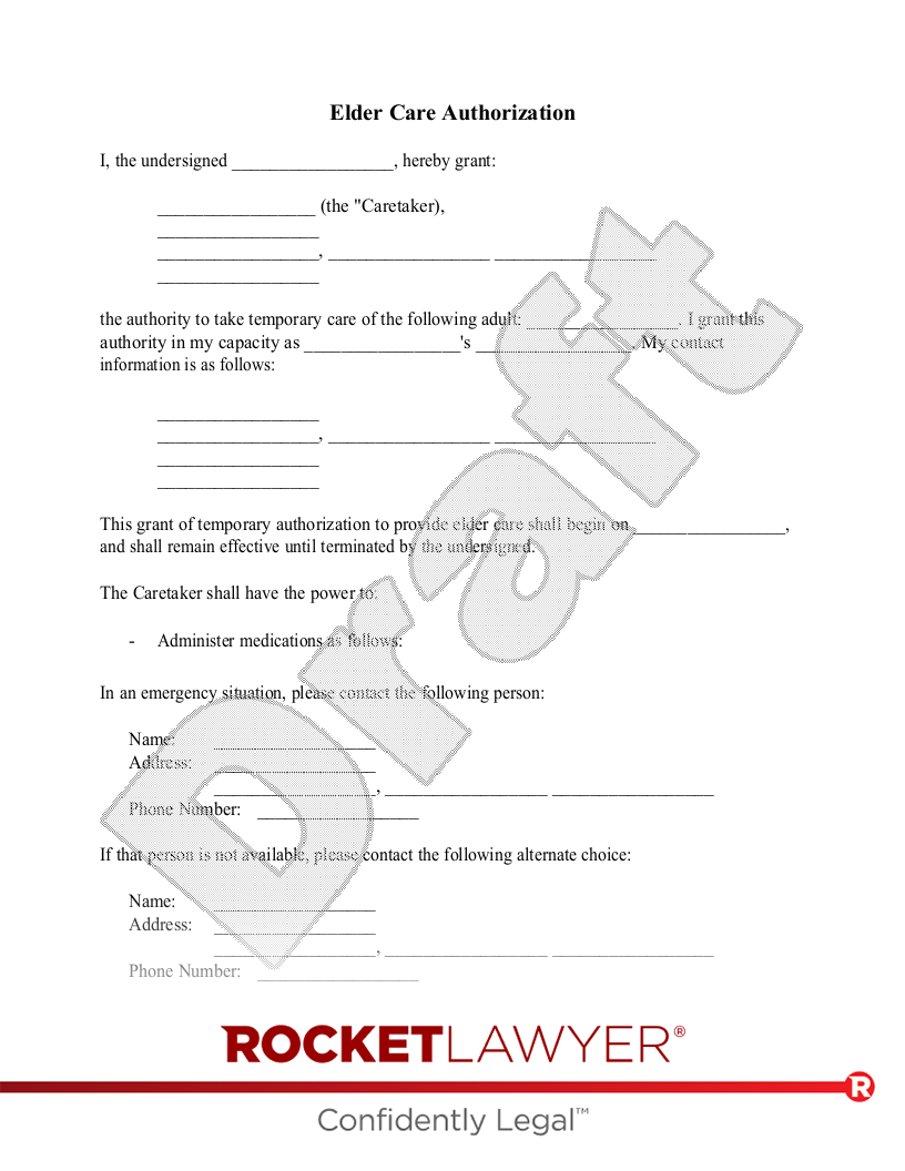 Elder Care Authorization Form document preview