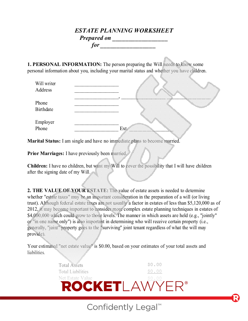 Free Estate Planning Worksheet Rocket Lawyer