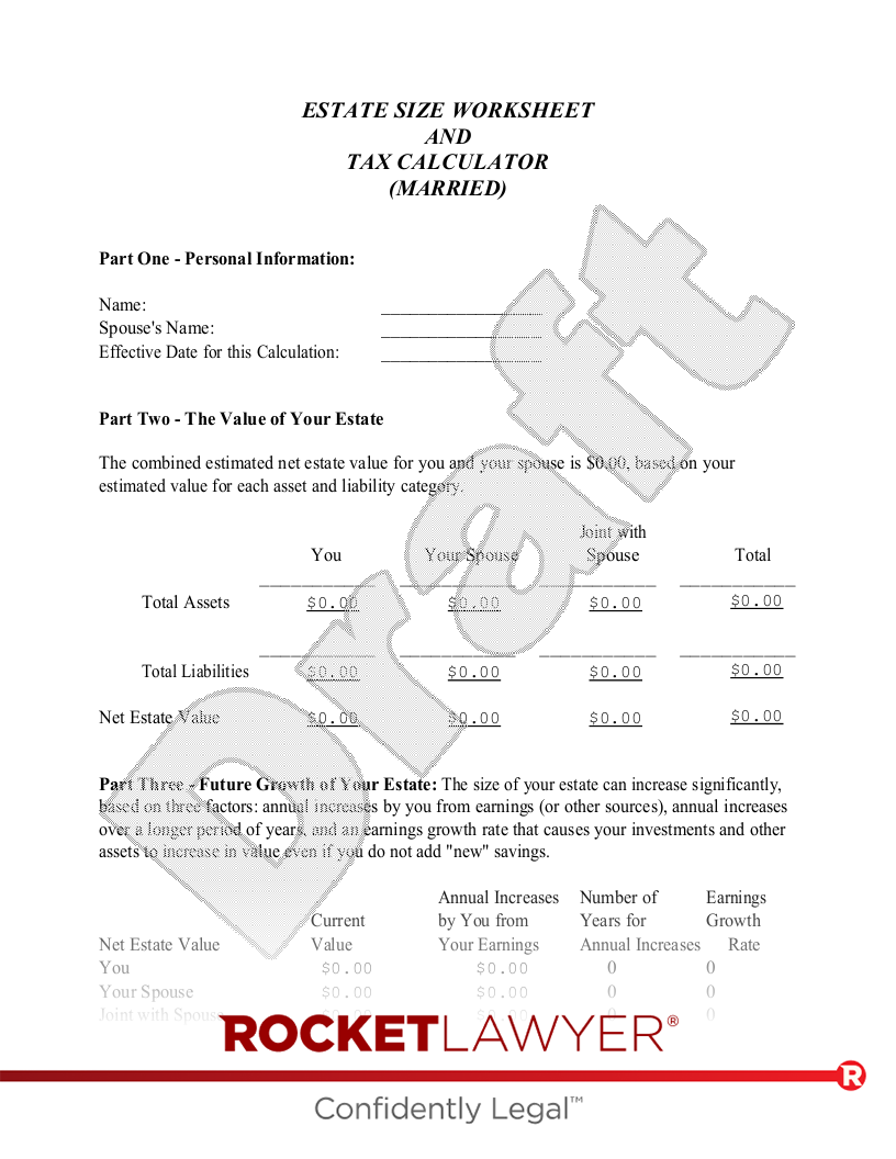 Estate Size Worksheet and Tax Calculator - Married document preview