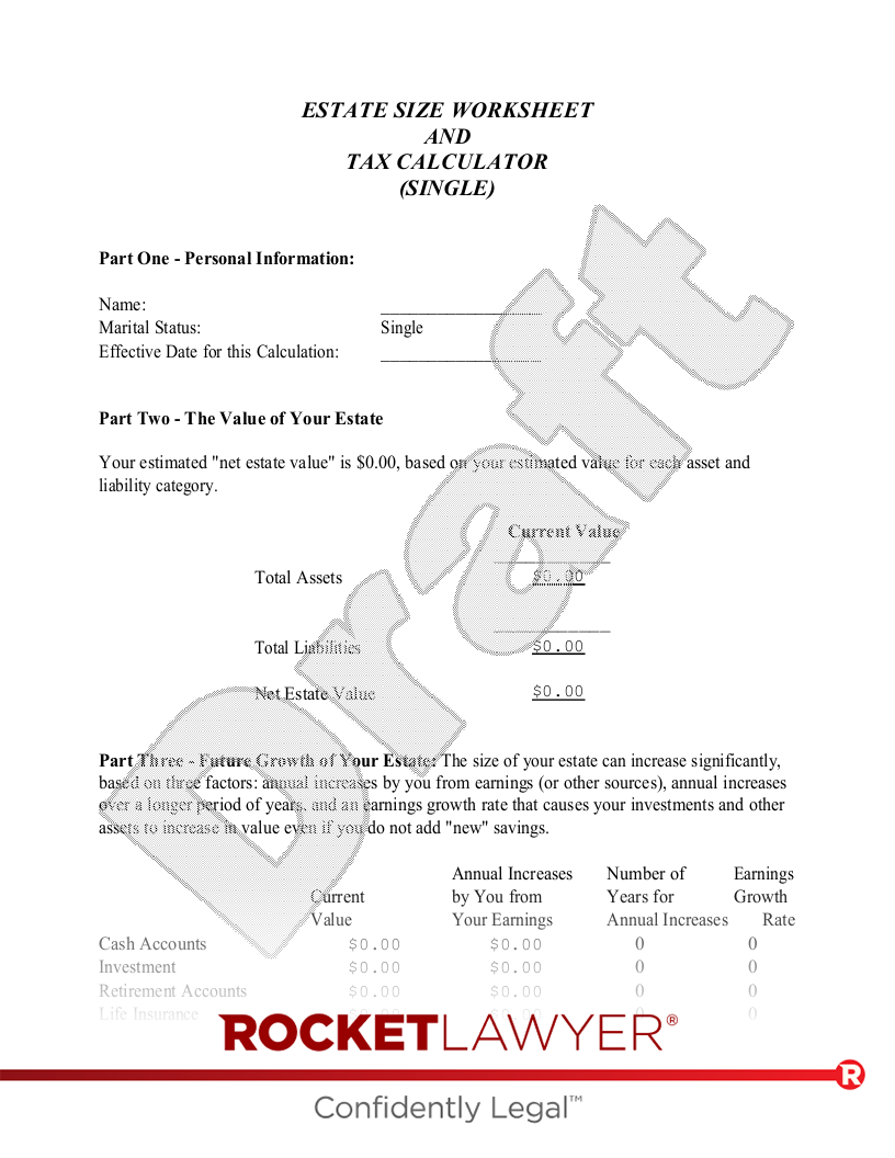 Estate Size Worksheet and Tax Calculator - Single document preview