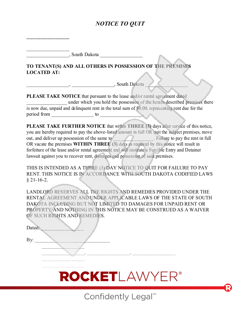 South Dakota Eviction Notice document preview