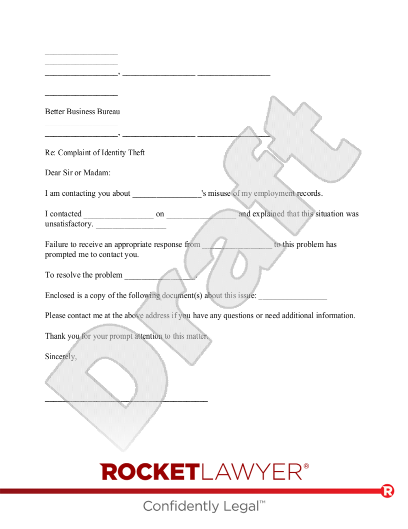 Identity Theft Complaint to the Better Business Bureau document preview