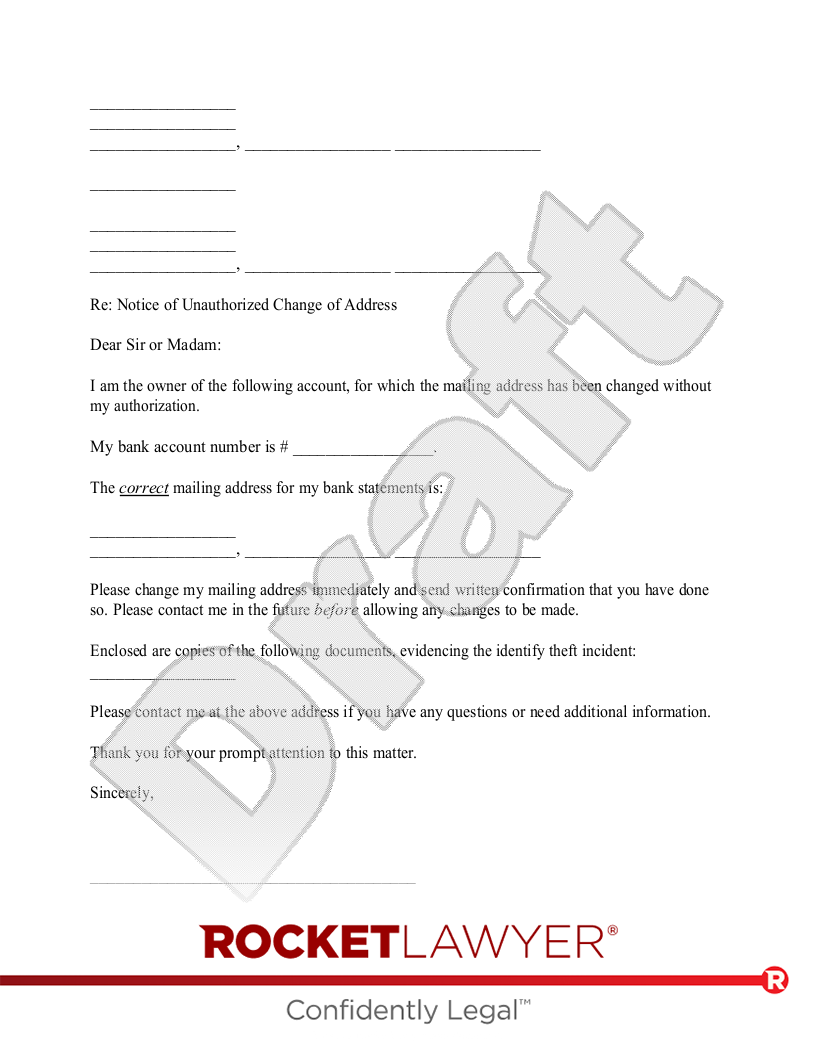 Letter to Notify a Bank of an Unauthorized Address Change document preview