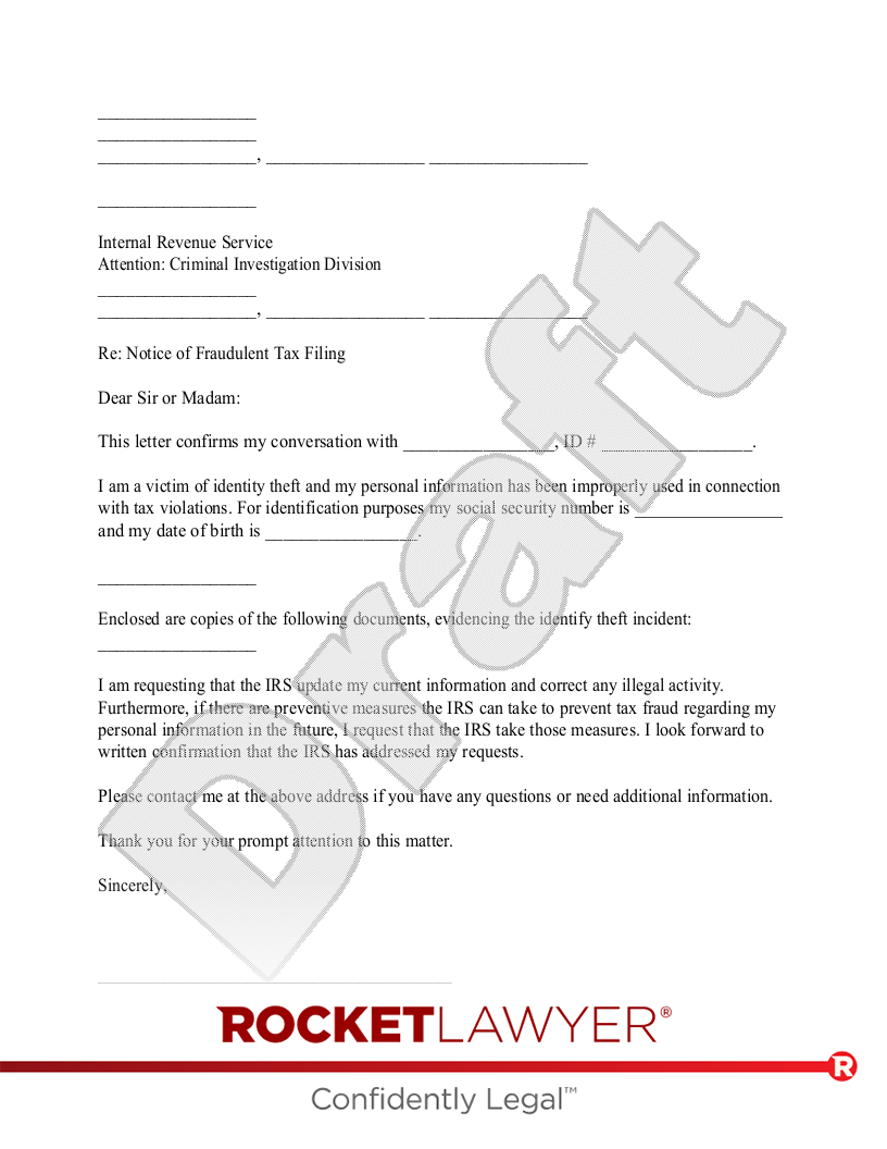 Letter to Notify the IRS of a Fraudulent Tax Filing document preview