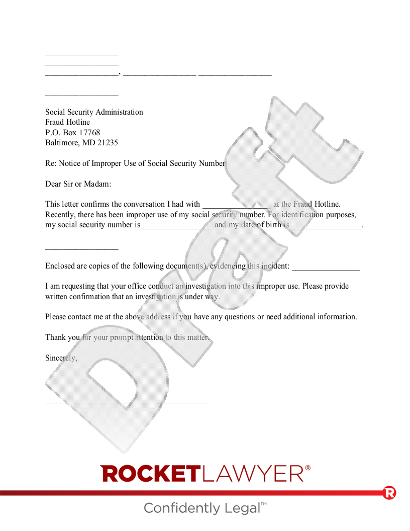 Letter to Report Unauthorized Use of a Social Security Number document preview