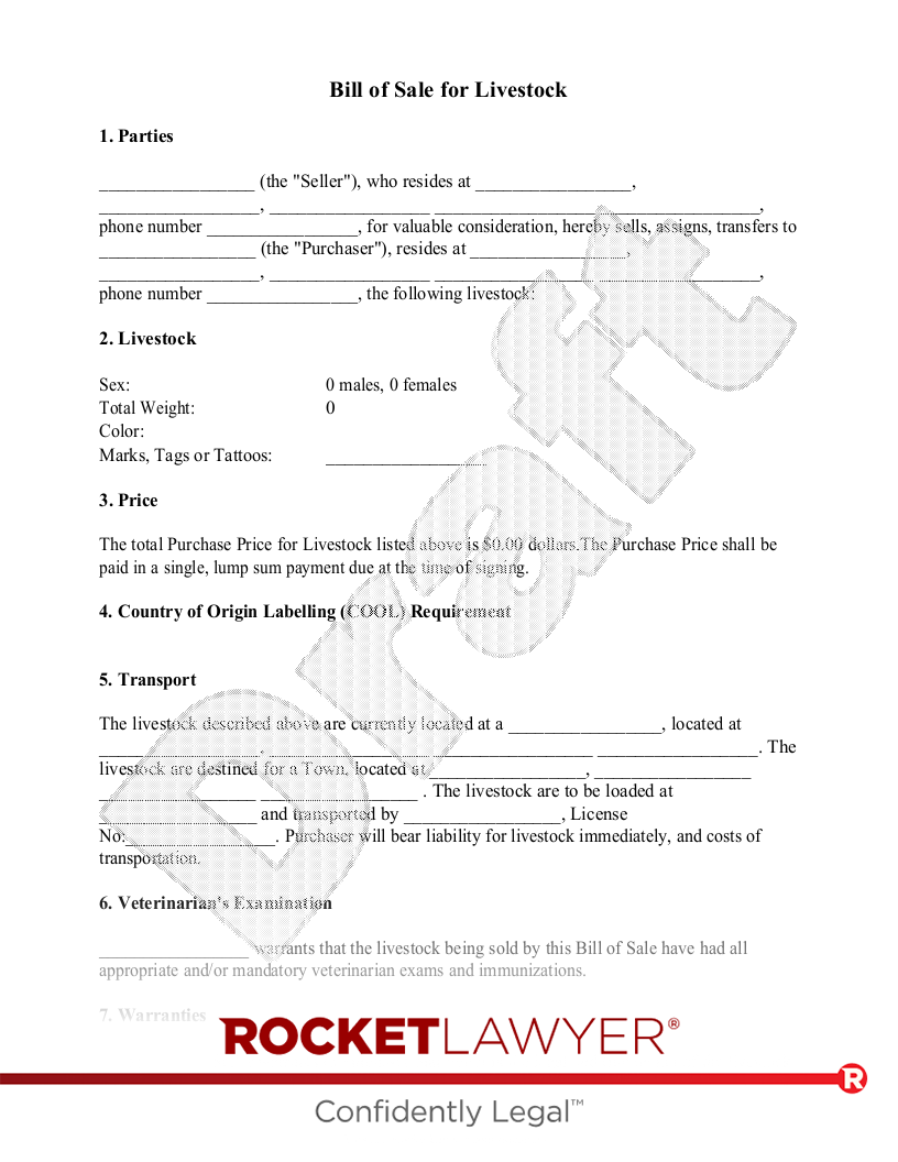 Livestock Bill of Sale document preview