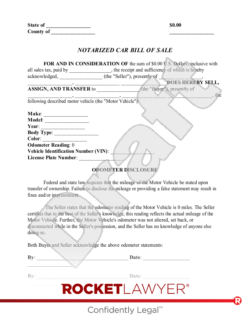 Notarized Car Bill of Sale document preview