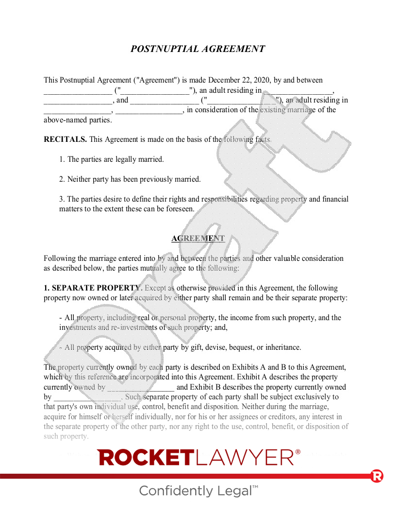 Free Postnuptial Agreement Free to Print, Save and Download