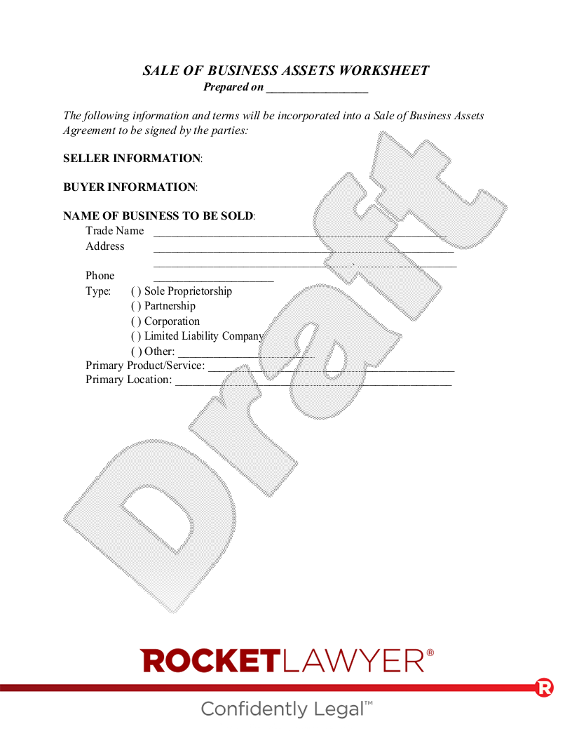 Sale of Business Assets Worksheet document preview