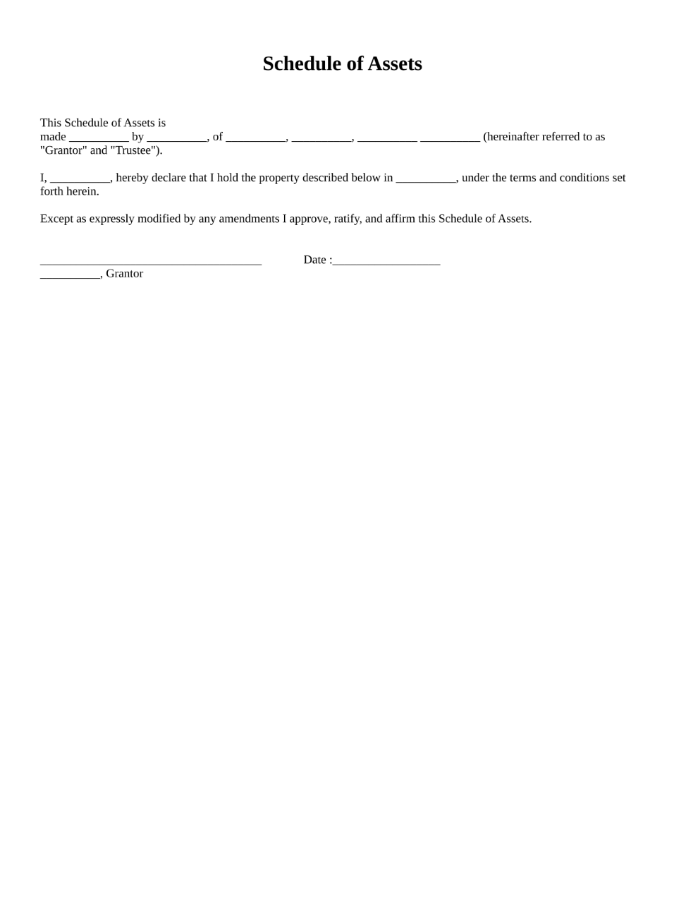 Schedule of Assets document preview