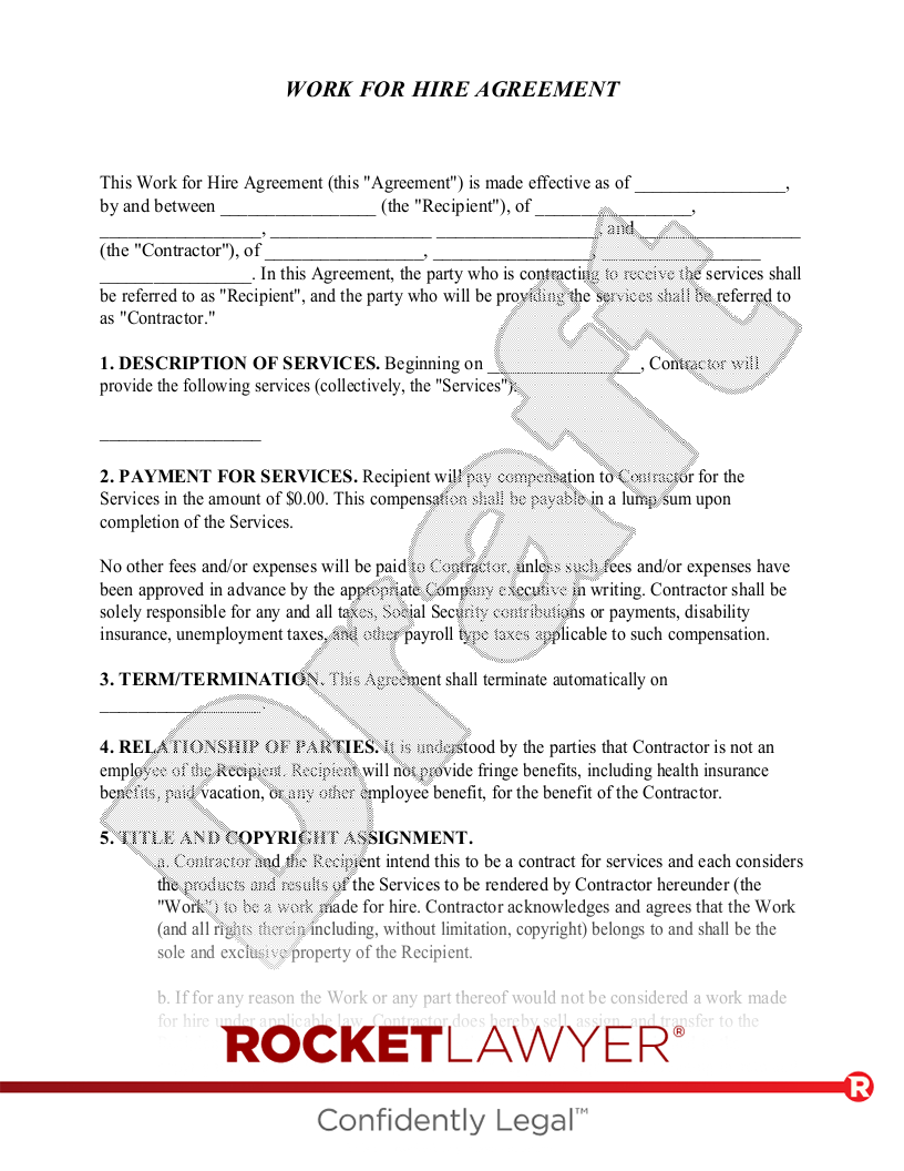 Comparación riqueza boleto Free Work for Hire Agreement: Make & Sign - Rocket Lawyer