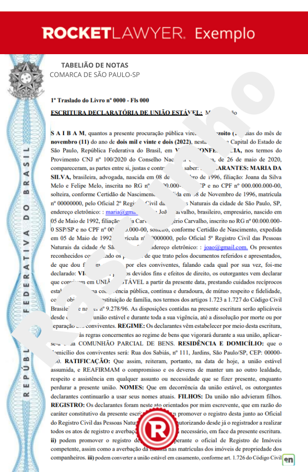 Escritura de União Estável - feita em parceria com Cartórios