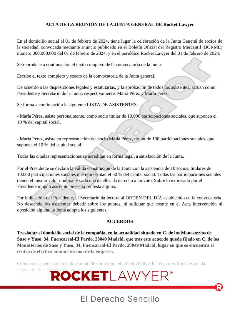 Acta de junta para el cambio de domicilio social Vista previa del documento