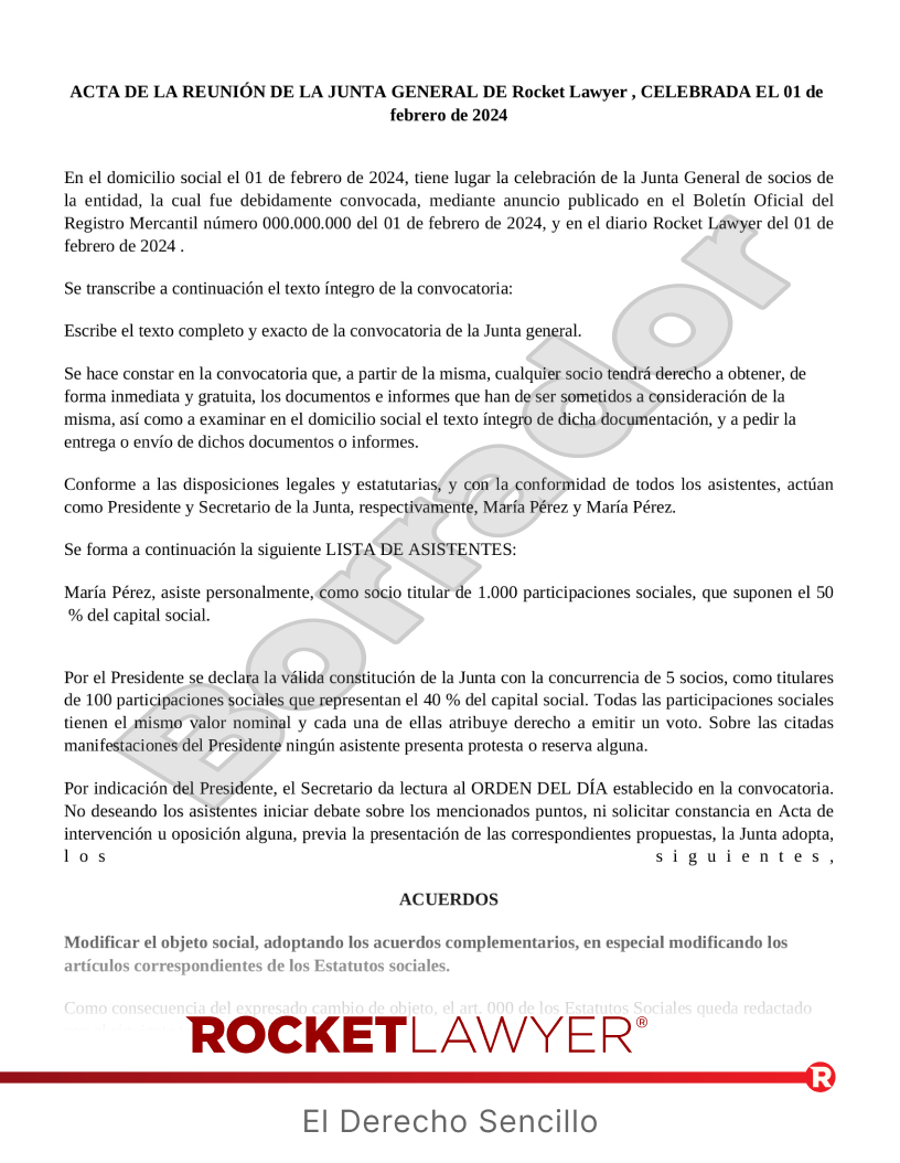 Acta de junta para el cambio de objeto social Vista previa del documento