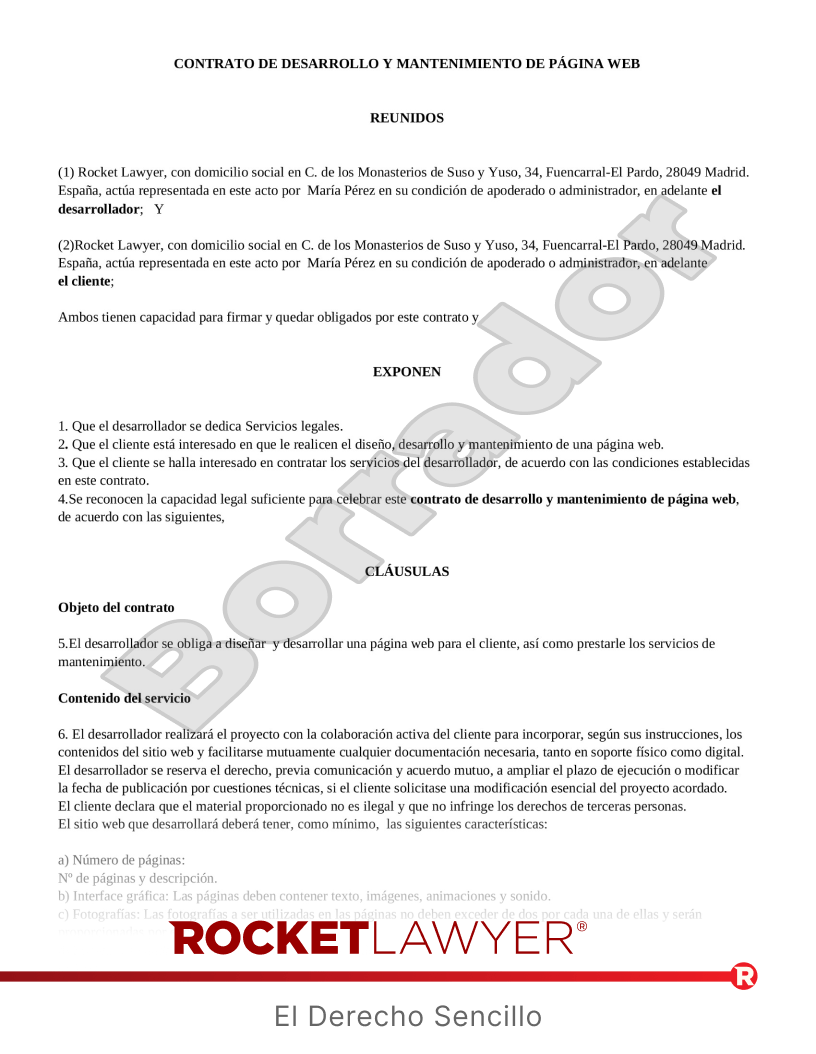 Contrato de desarrollo y mantenimiento de página web Vista previa del documento