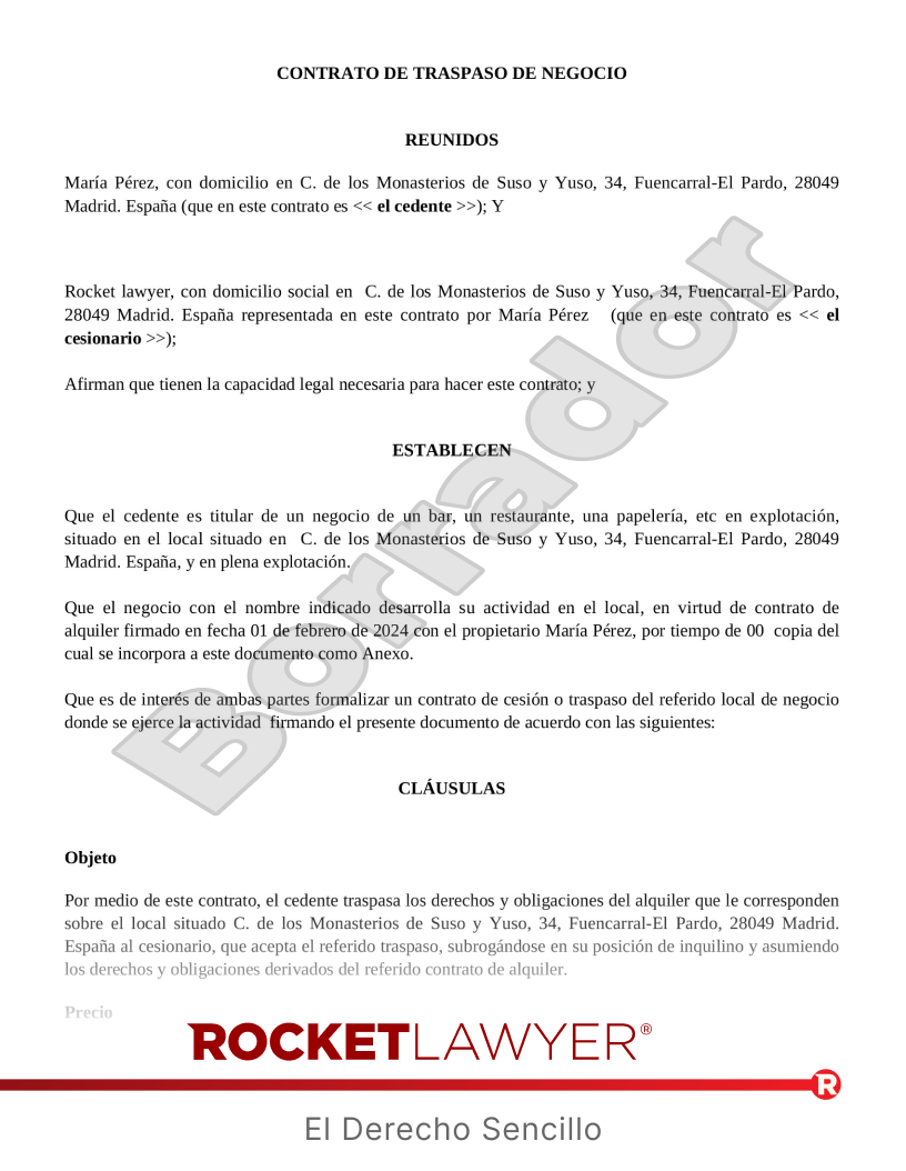 Contrato de traspaso de negocio Vista previa del documento