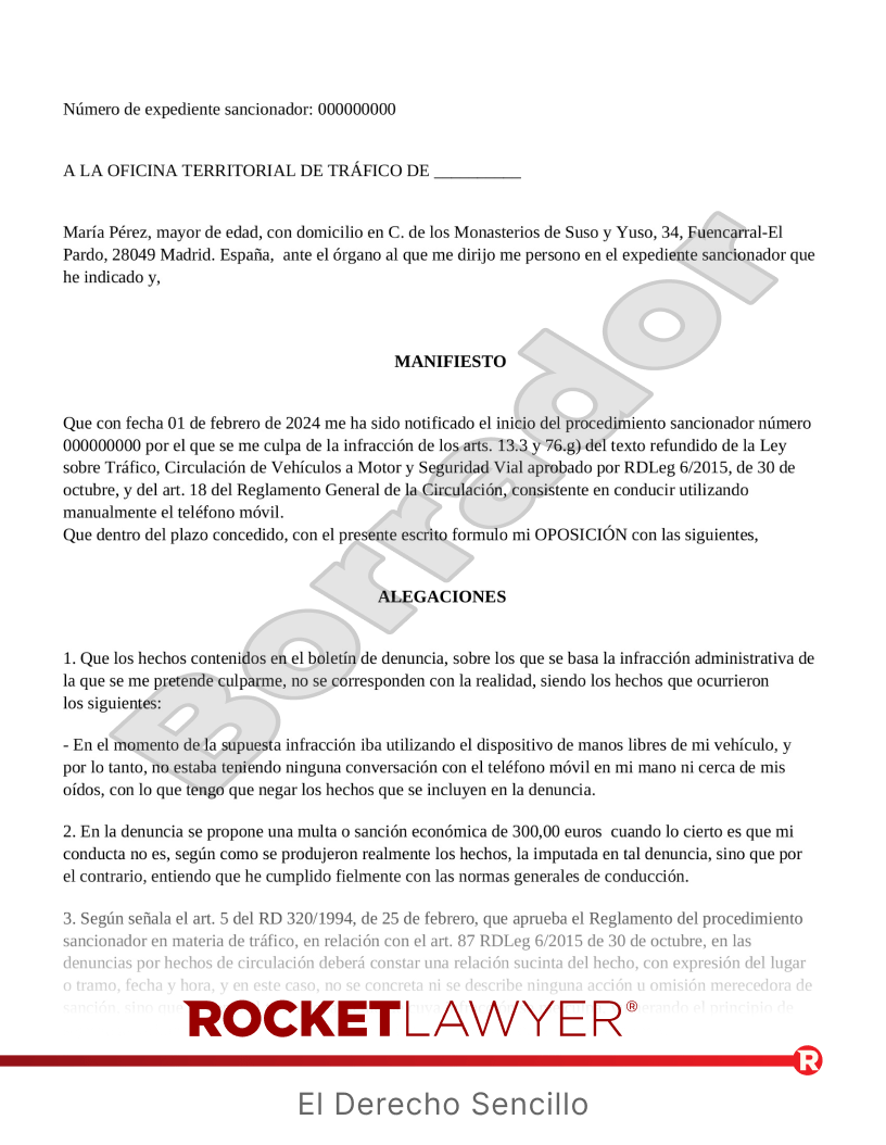 Alegaciones a multa por conducir utilizando el teléfono móvil Vista previa del documento