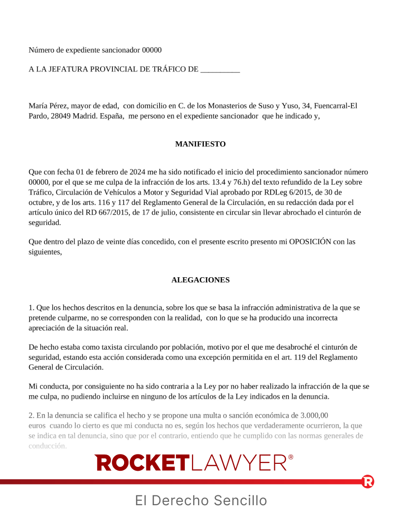 Alegaciones a multa por no llevar el cinturón de seguridad Vista previa del documento