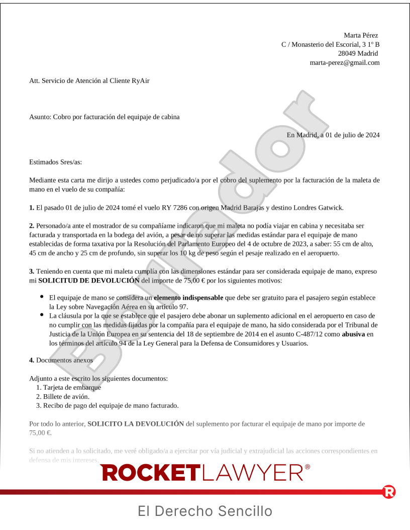 Carta para reclamar a la aerolínea el cobro de la maleta de cabina Vista previa del documento
