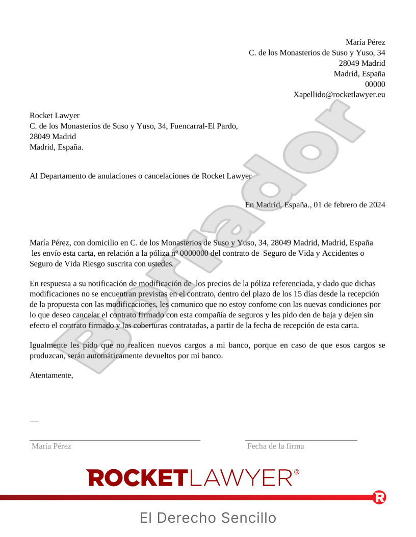 Carta para cancelar el seguro de vida Vista previa del documento