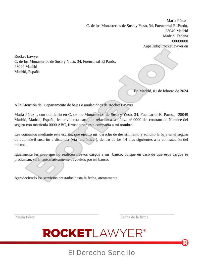Carta para cancelar el seguro de coche Vista previa del documento