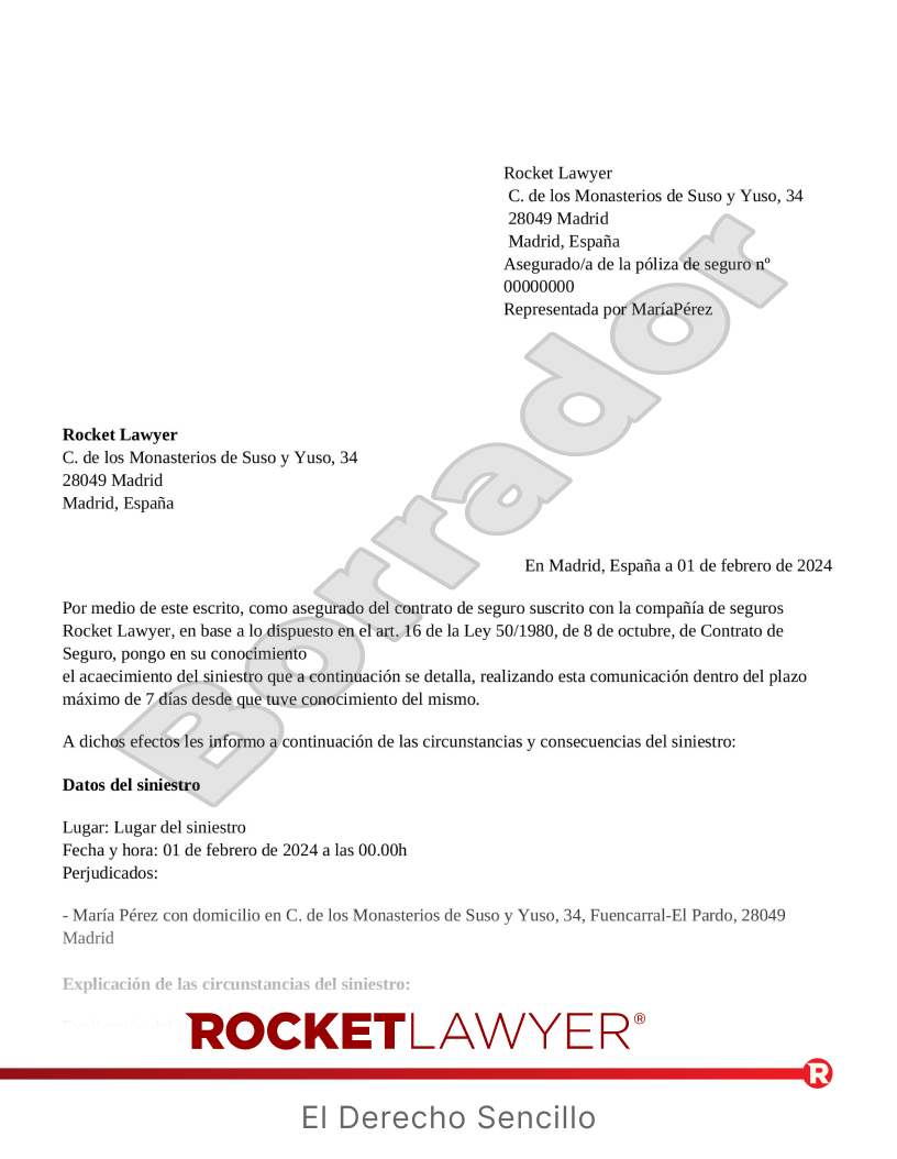 Carta para comunicar un siniestro a la aseguradora Vista previa del documento