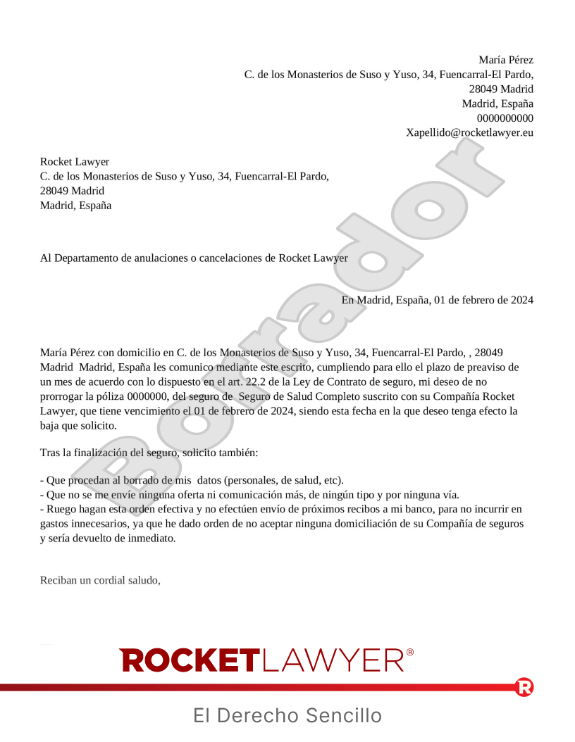 Carta para no renovar el seguro médico Vista previa del documento