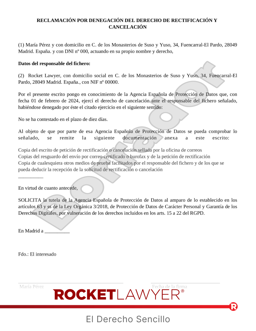 Reclamación por denegación del derecho de rectificación y cancelación Vista previa del documento