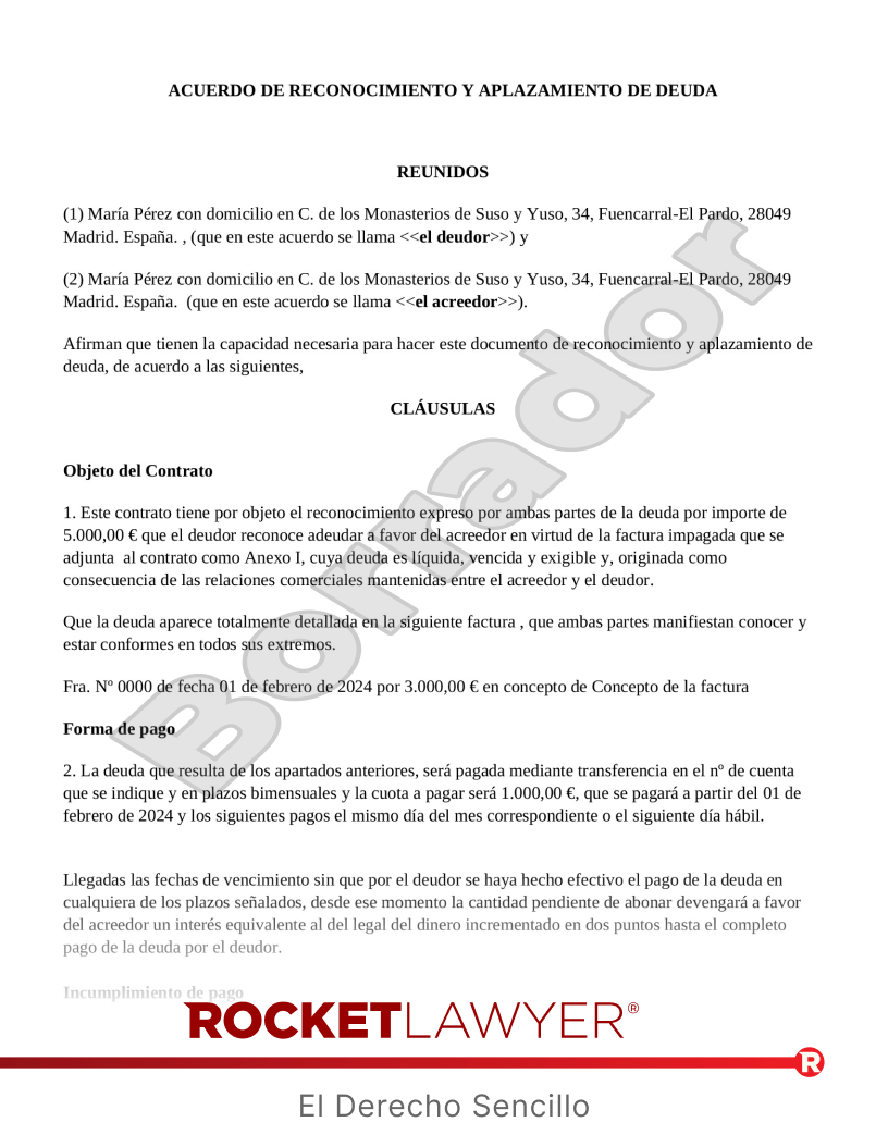 Reconocimiento y aplazamiento de deuda Vista previa del documento