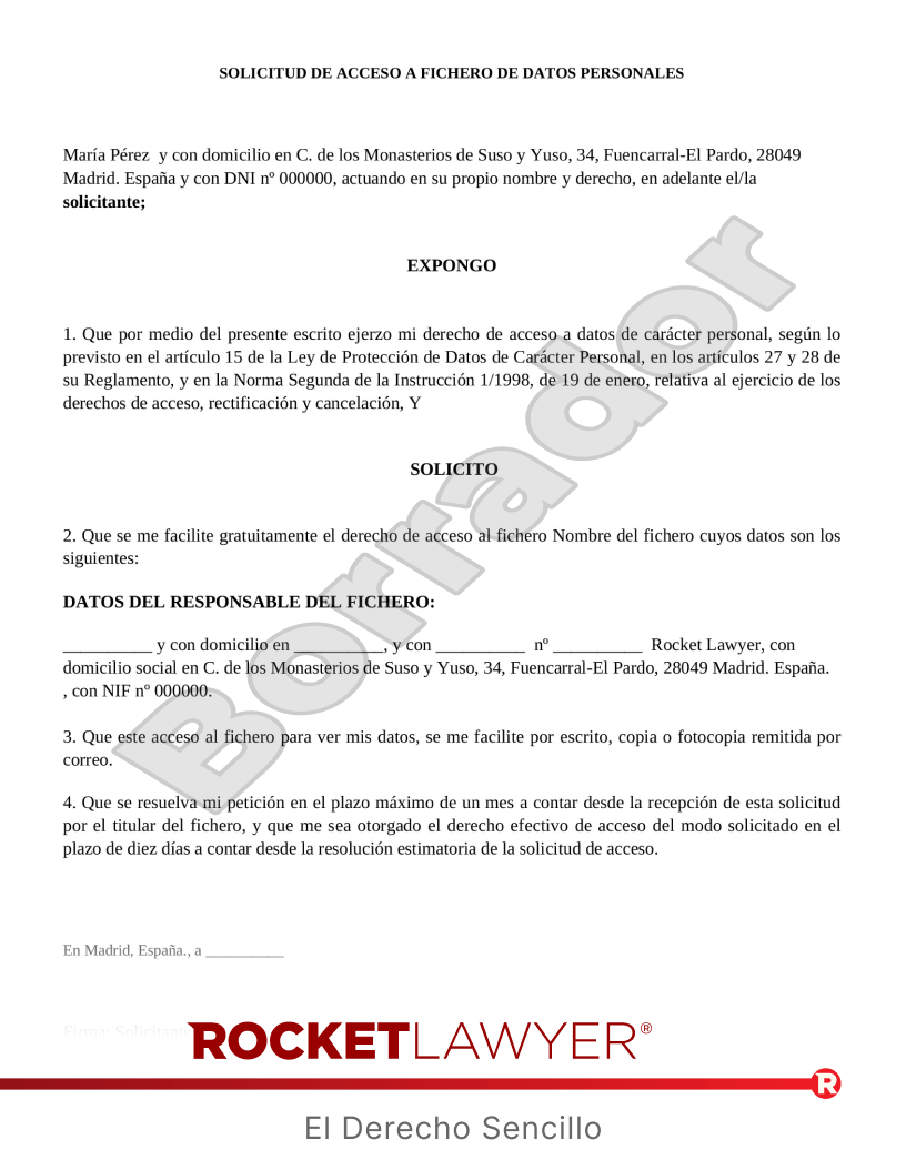 Solicitud de acceso al fichero de datos personales Vista previa del documento