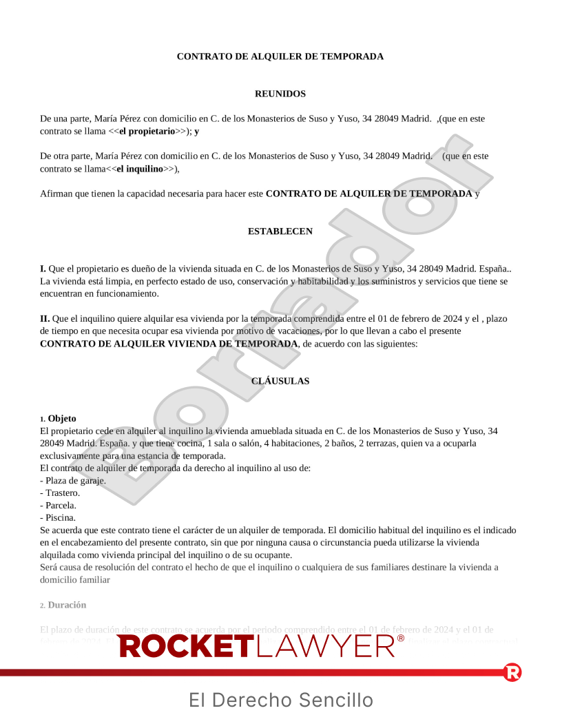 Contrato de alquiler de temporada Vista previa del documento