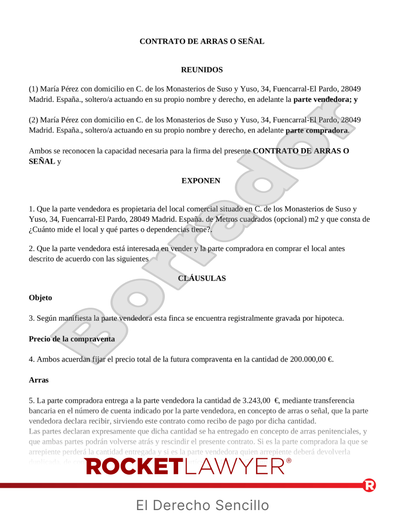 Contrato de arras para local Vista previa del documento