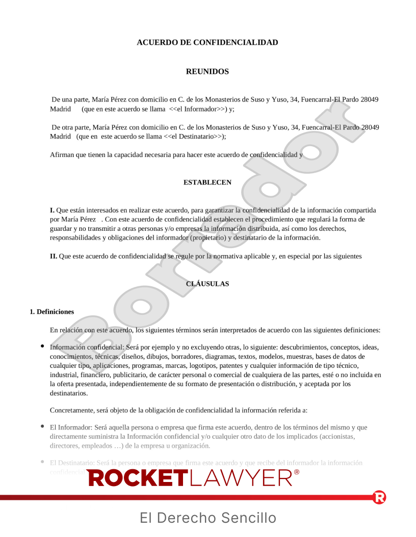 Acuerdo de confidencialidad Vista previa del documento