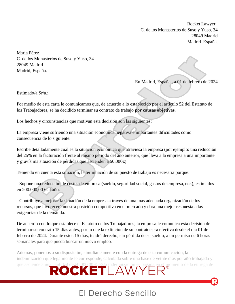 Carta de despido objetivo Vista previa del documento