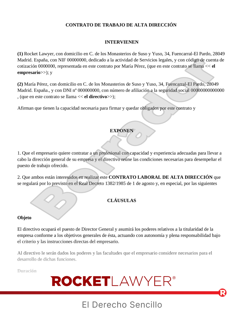 Contrato de trabajo de alta dirección Vista previa del documento