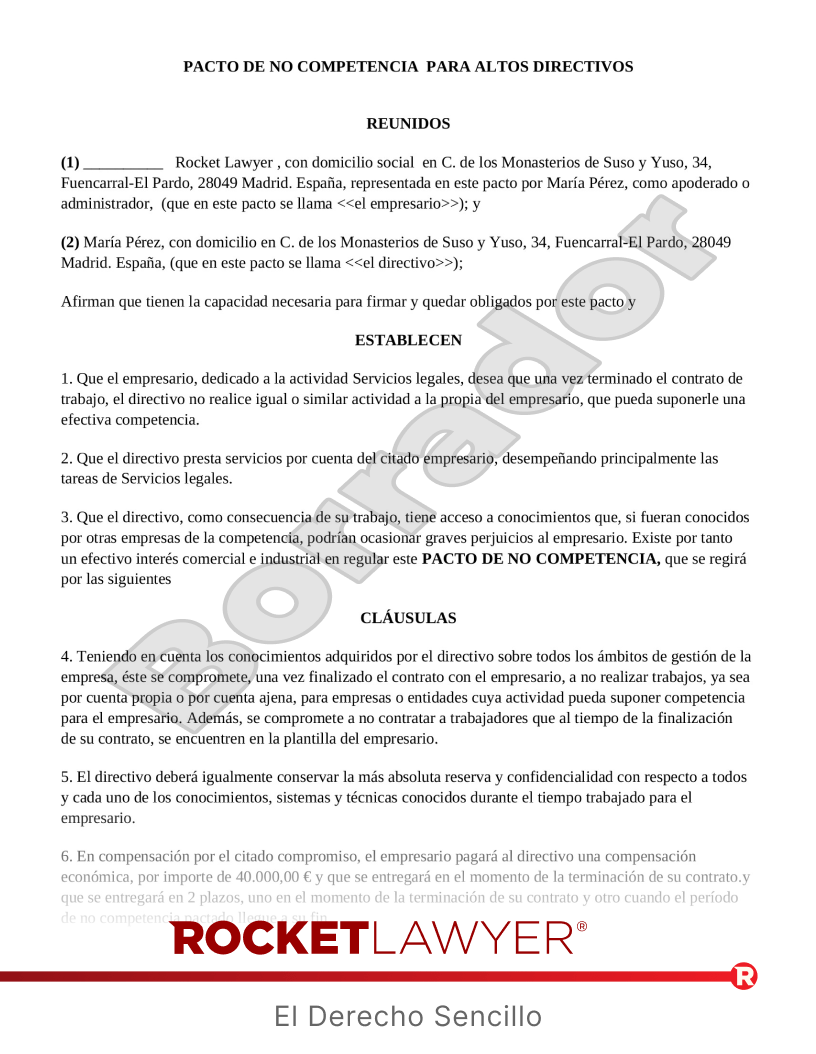 Pacto de no competencia para altos directivos Vista previa del documento