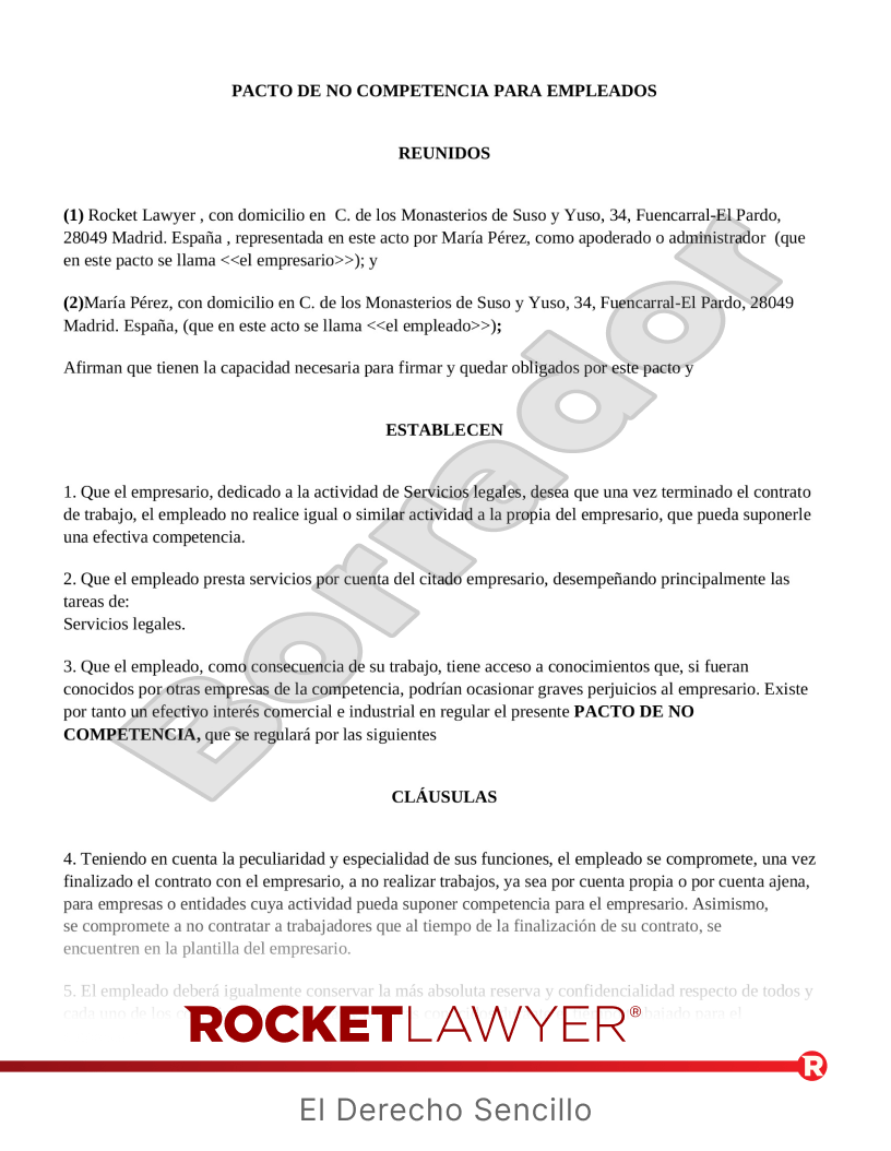 Pacto de no competencia para empleados Vista previa del documento