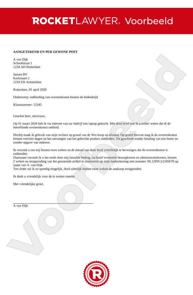 Brief Ontbinding Koop tijdens Bedenktijd (Herroeping) voorbeeld document