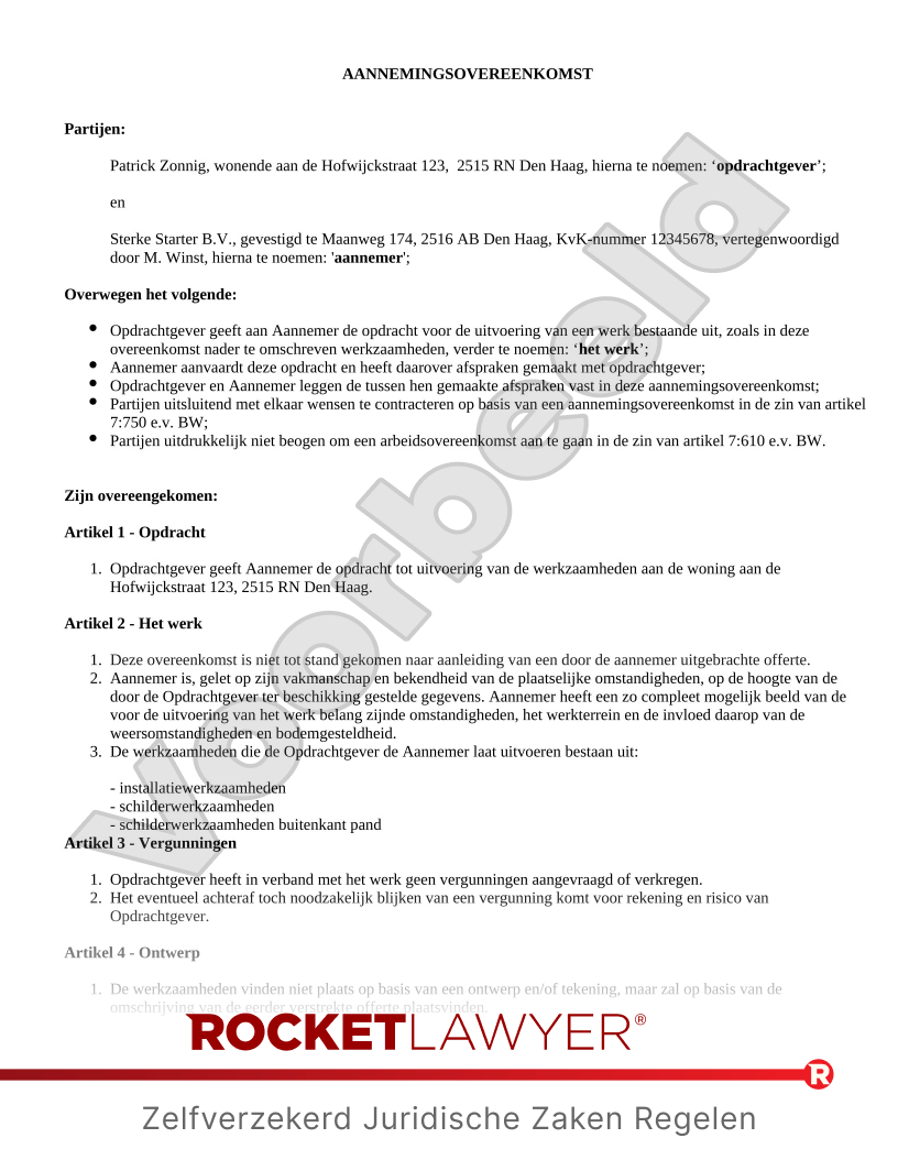 Aannemingsovereenkomst voorbeeld document