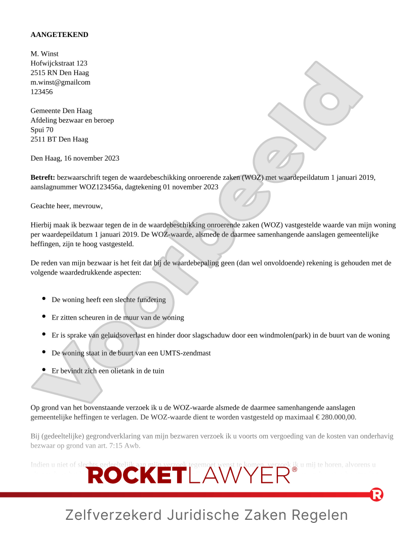 Bezwaar WOZ voorbeeld document