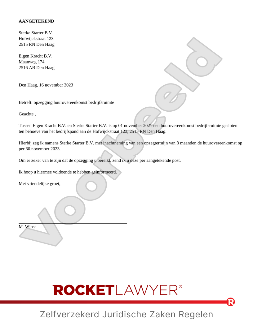 Brief Huurcontract Bedrijfsruimte Opzeggen door Huurder voorbeeld document