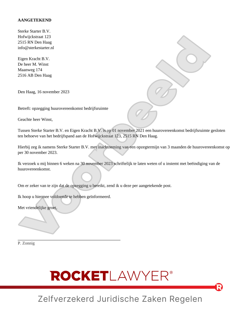 Brief Huurcontract Bedrijfsruimte Opzeggen voorbeeld document