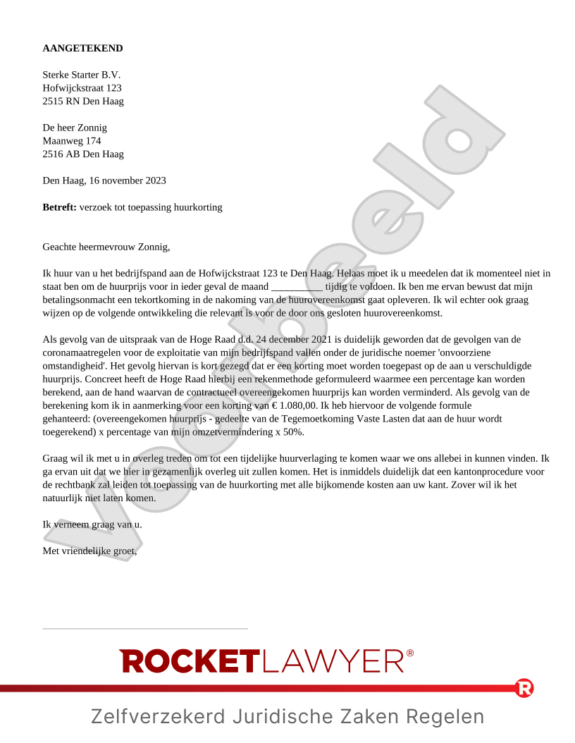 Brief Huurkorting Bedrijfsruimte voorbeeld document